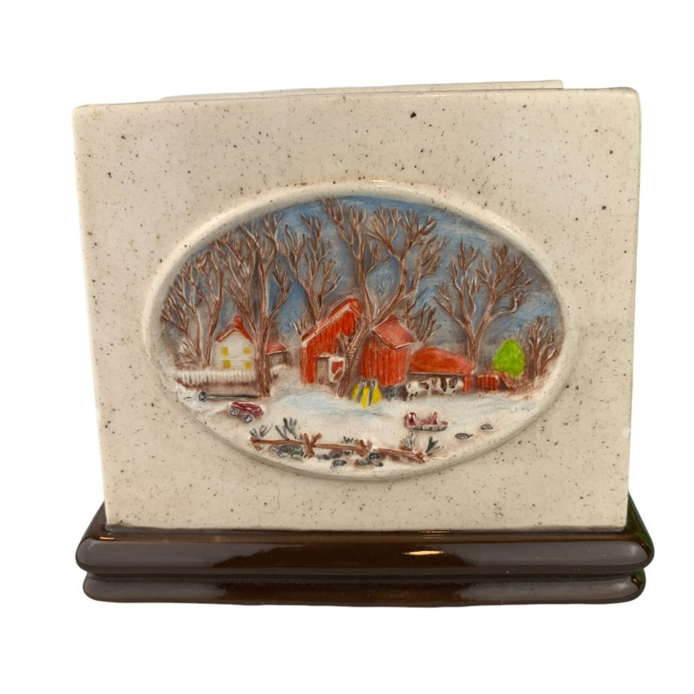 Vintage Napkin Holder 1980 Hershey Mold Hand Painted Winter Scene Red Barn Cows